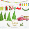 Vintage red truck carrying Christmas tree illustration