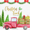 Vintage red truck carrying Christmas tree illustration