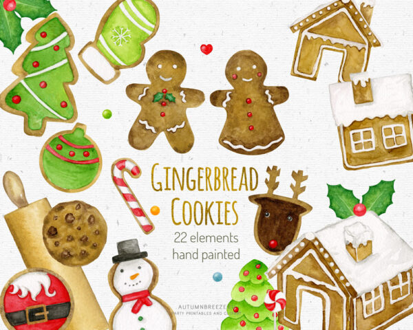 gingerbread cookies watercolor hand painted, Christmas clipart