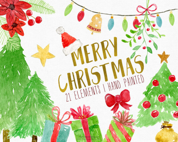Christmas clipart set with hand-painted illustrations