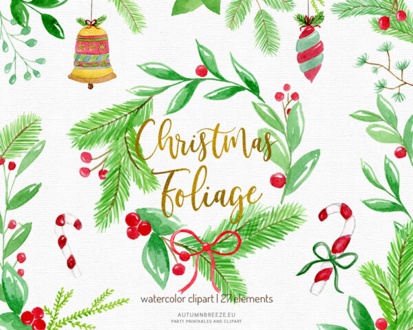 christmas foliage watercolor clipart