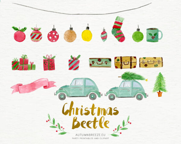 christmas beetle watercolor clipart