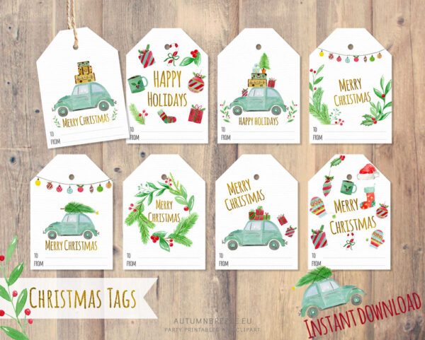 christmas tags with blue beetle car