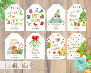 editable christmas tags with Christmas illustrations