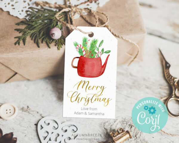 editable christmas tag with teacup illustration