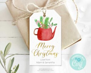 editable christmas tag with teacup illustration