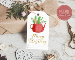 Christmas tag with red teacup