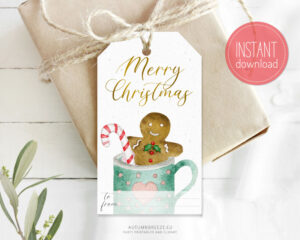 Christmas tag with a gingerbread cookie in a cup