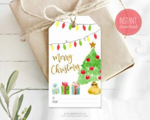 printable Christmas tag 2 x 3,5 in with watercolor graphics