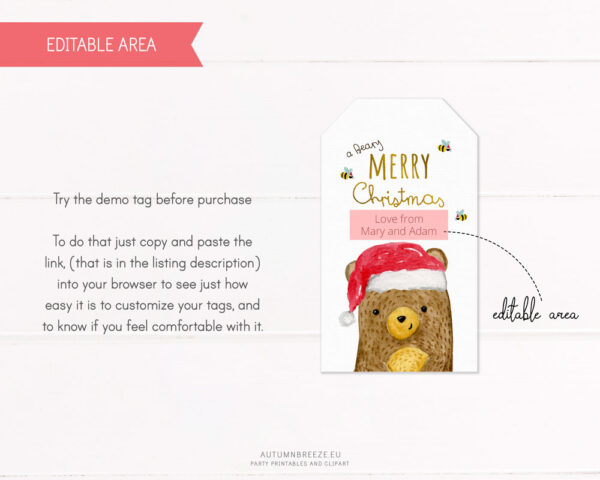 editable Christmas tag with bear illustration