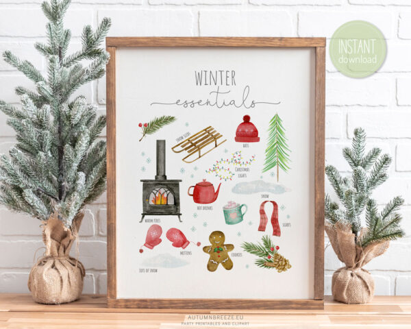 Wall art printable with winter essentials