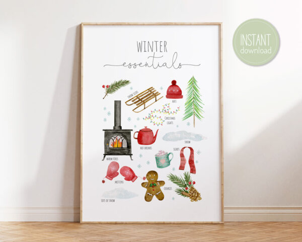 printable wall art with winter essentials illustrations