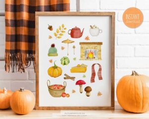 autumn wall art with watercolour handprinted illustrations