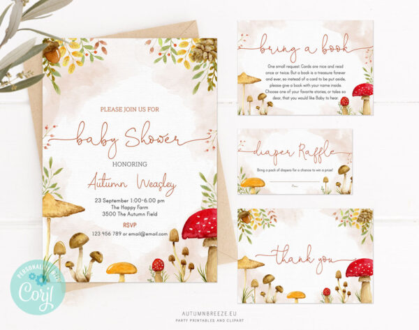 baby shower invitation bundle mushroom theme