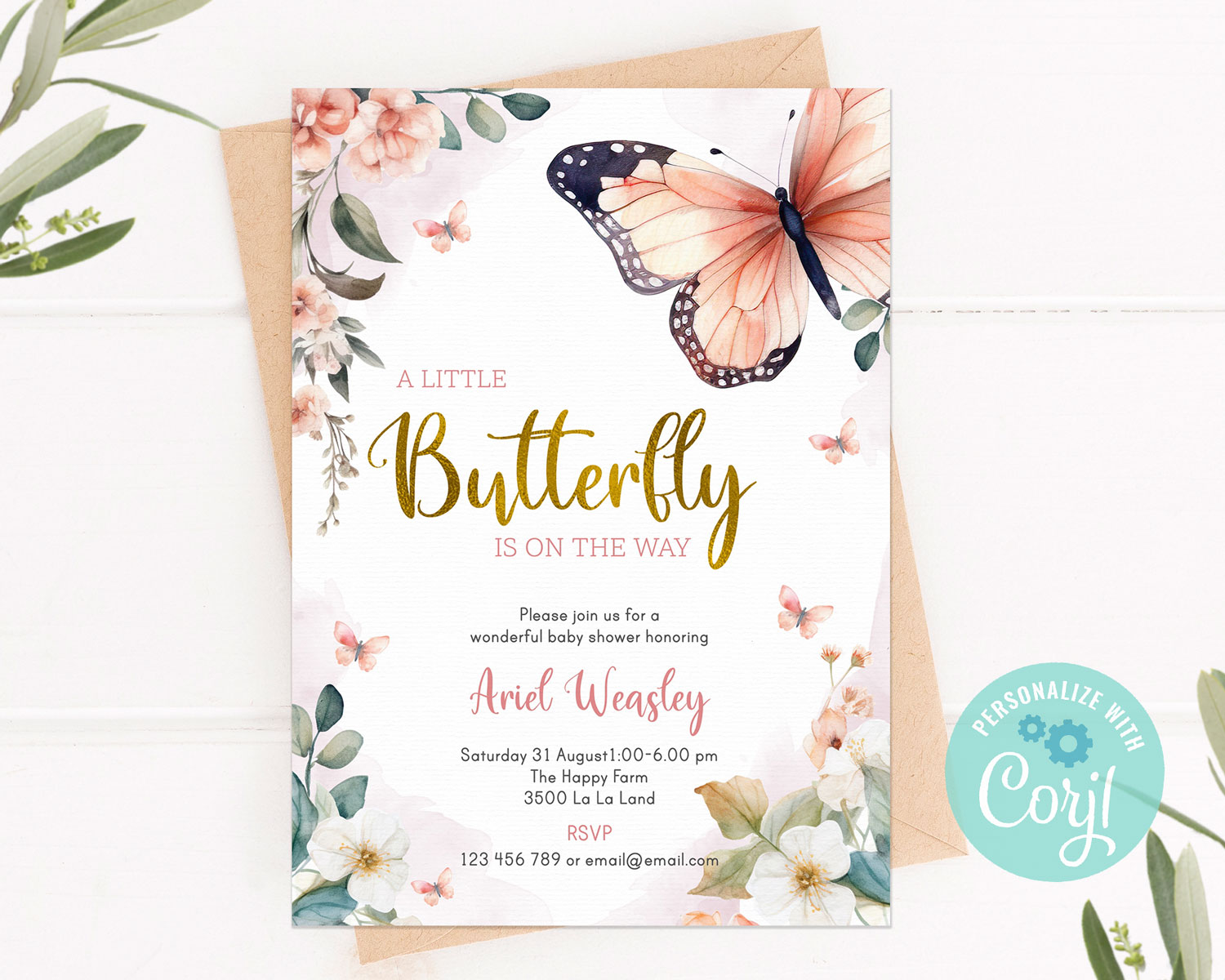 butterfly invitation for a baby shower party with spring theme