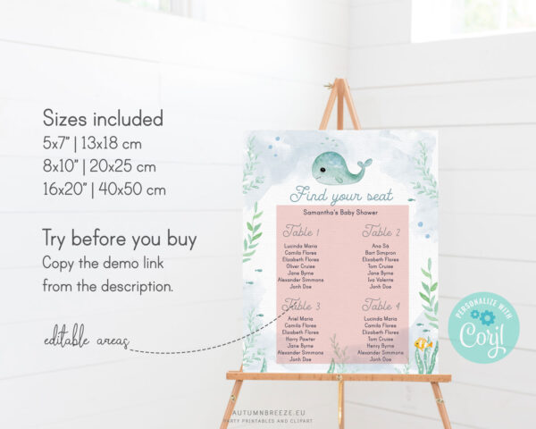 seating chart with baby whale theme