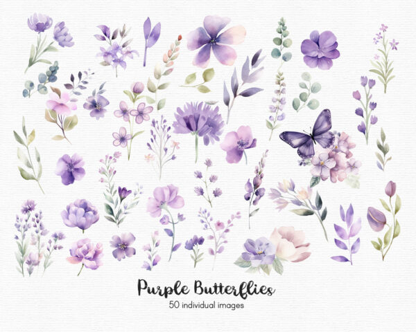 watercolor purple wildflowers and butterflies