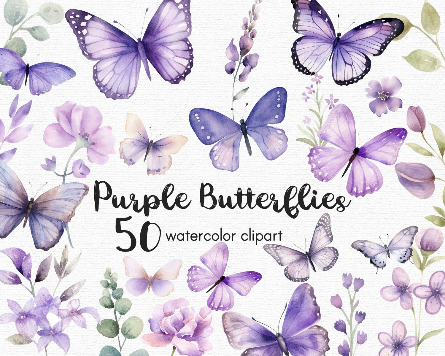Purple butterflies watercolor clipart set