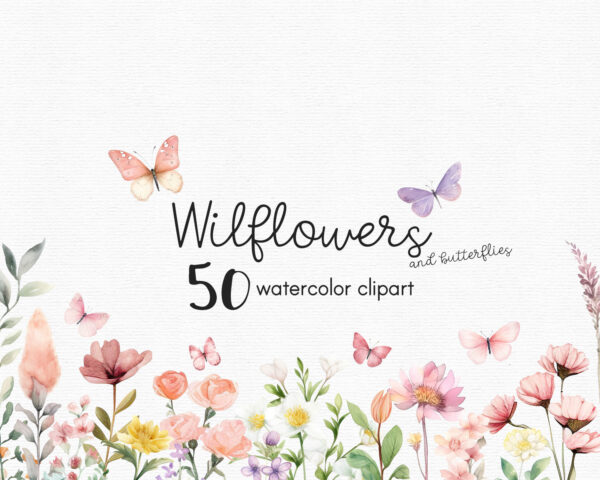 butterflies and wildflowers watercolor clipart set