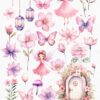 Pink fairy garden with butterflies, watercolor clipart set