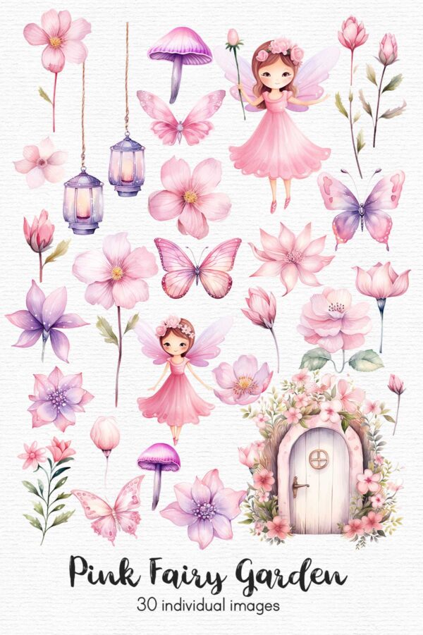 Pink fairy garden with butterflies, watercolor clipart set