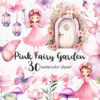 Pink fairy garden with butterflies, watercolor clipart set