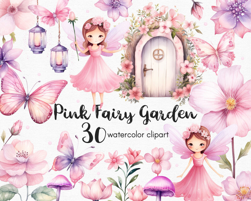 Pink Fairy garden with Butterflies and Flowers Clipart 🦋