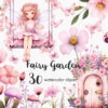clipart set with a fairy in a swing surrounded with mushrooms, flowers butterflies and ladybugs.
