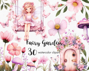 clipart set with a fairy in a swing surrounded with mushrooms, flowers butterflies and ladybugs.