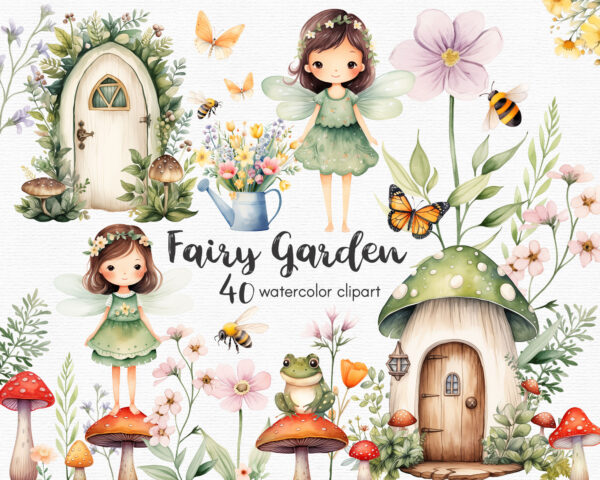 watercolor clipart with fairy garden theme
