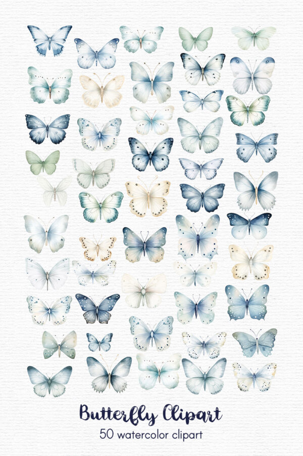 watercolor white and blue butterfly clipart set