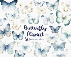 white and blue butterfly clipart-set