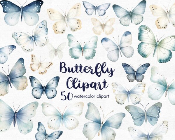 white and blue butterfly clipart-set
