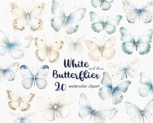 Watercolor white butterfly clipart set
