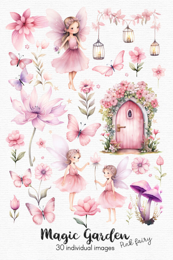 pink fairy clipart set with, mushrooms, butterflies, flowers and more