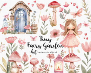 tiny fairy garden clipart set in scandinaviam style