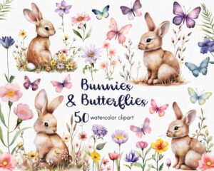 Bunnies and butterflies clipart set