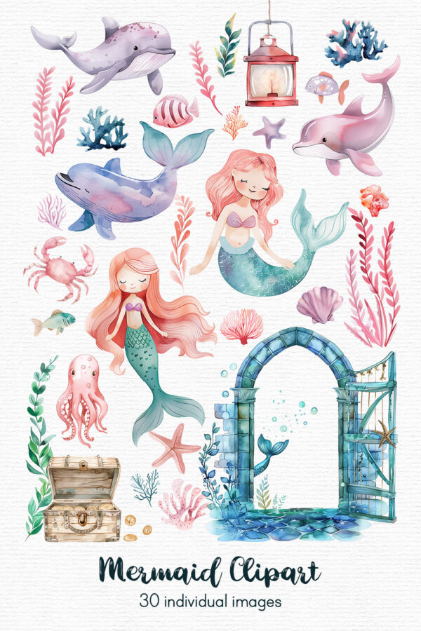 watercolor mermaid clipart set generated with ai. it includes sea creatures, dolphins, an octopus, two mermaids, a mermaid portal and more.