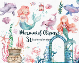 watercolor mermaid clipart set generated with ai