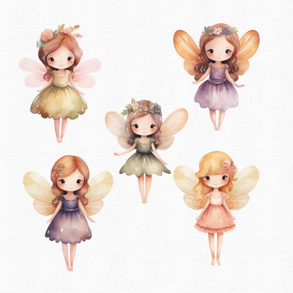 five watercolor fairies clipart created with ai