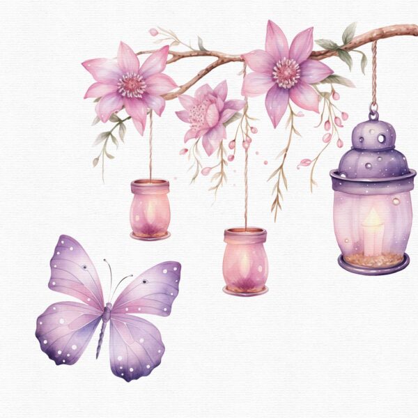 a watercolor branch with a fairy lamp and a butterfly