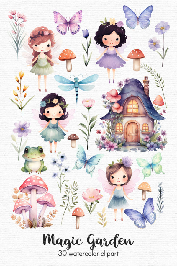 clipart set with 4 fairies and other magical elements. The images were generated with ai and have a watercolor style