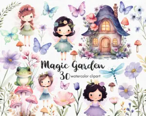 clipart set with 4 fairies and other magical elements. The images were generated with ai and have a watercolor style