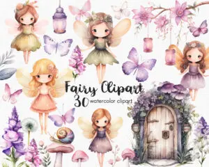 fairy garden watercolor clipart set with 30 images