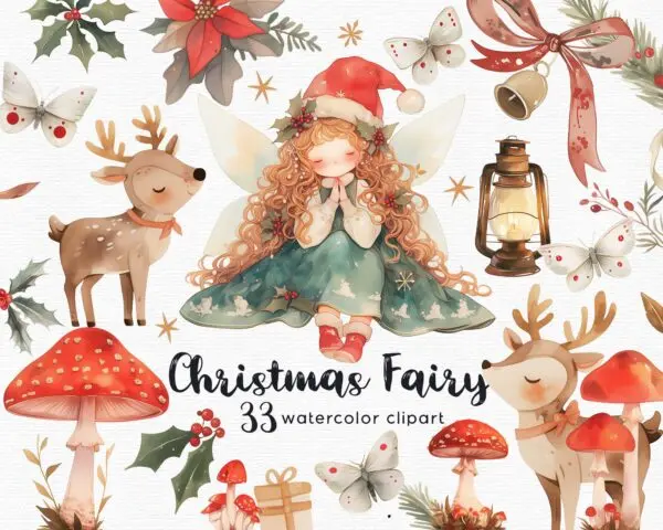 Watercolor Christmas Fairy Clipart – Festive Fantasy PNG