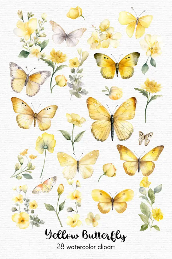 Yellow butterfly clipart set