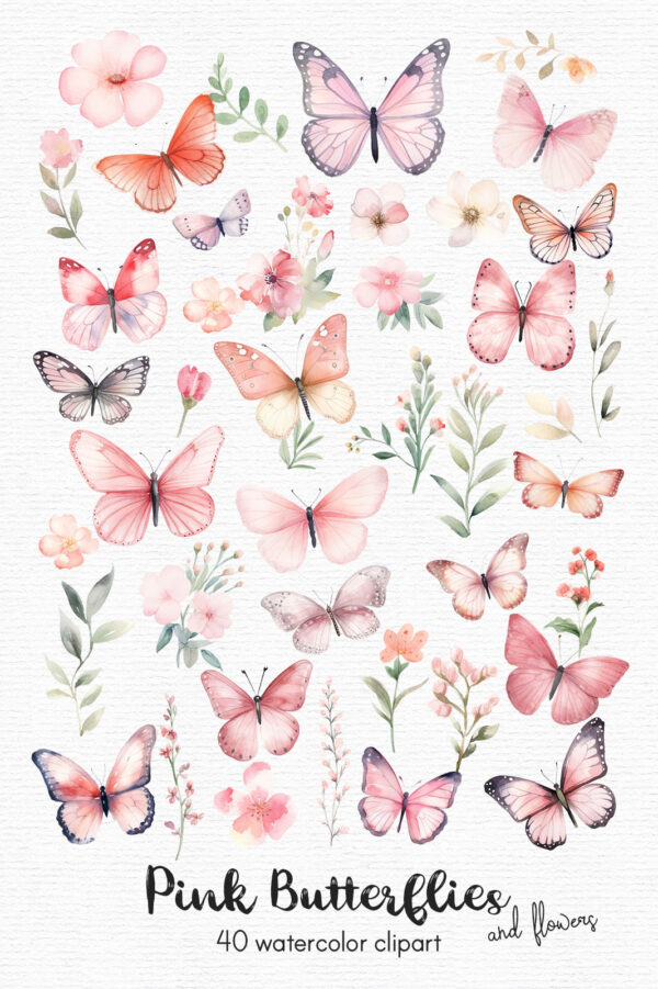 Pink Butterfly Clipart, Flowers clipart, 40 png files - Image 3