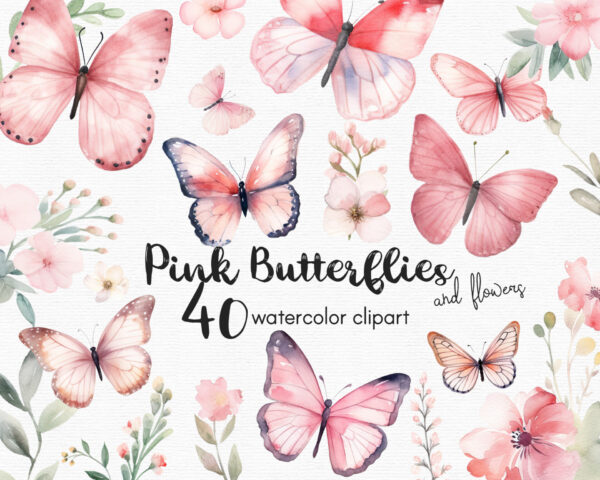 Pink Butterfly Clipart, Flowers clipart, 40 png files