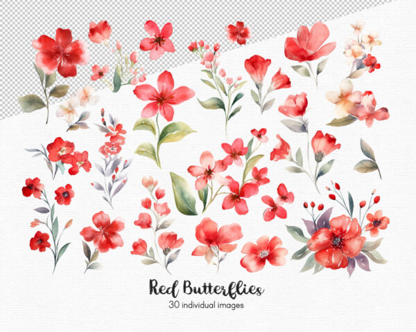 Red Butterfly Clipart, Flowers clipart, 30 png - Image 3