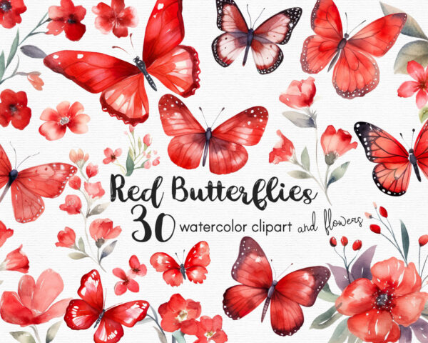 Red Butterfly Clipart, Flowers clipart, 30 png